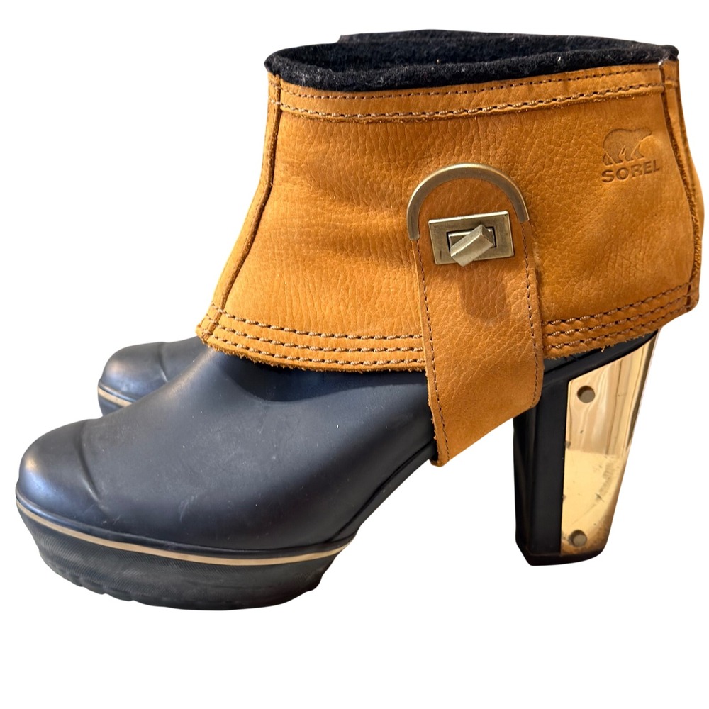 Sorel Medina Rain Heel Boots 8 Women Black Rubber Gold Block Heel Leather Gaiter